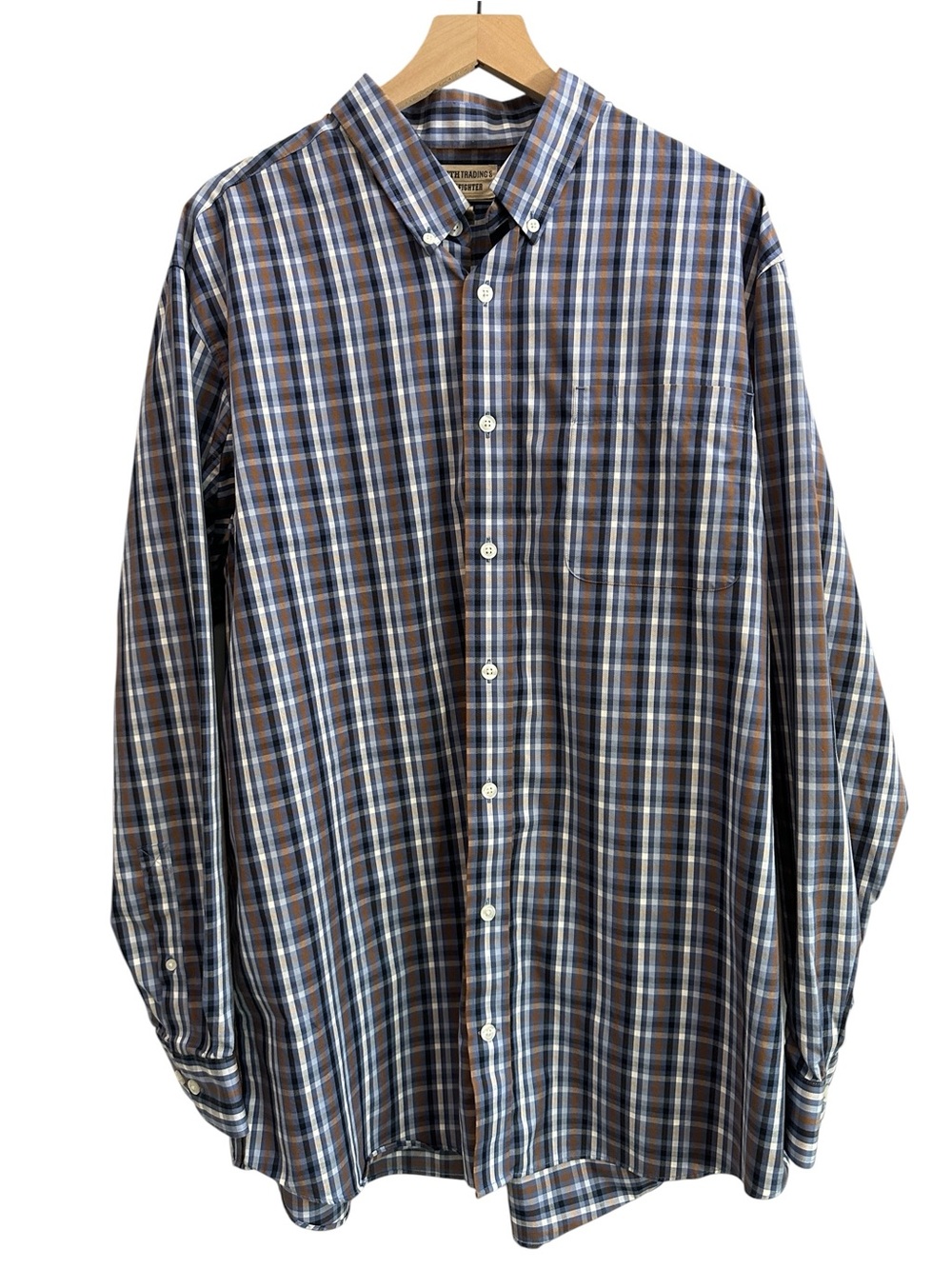 Duluth Trading Co Men Shirt XLT Blue Brown Plaid Button Down Cotton Casual